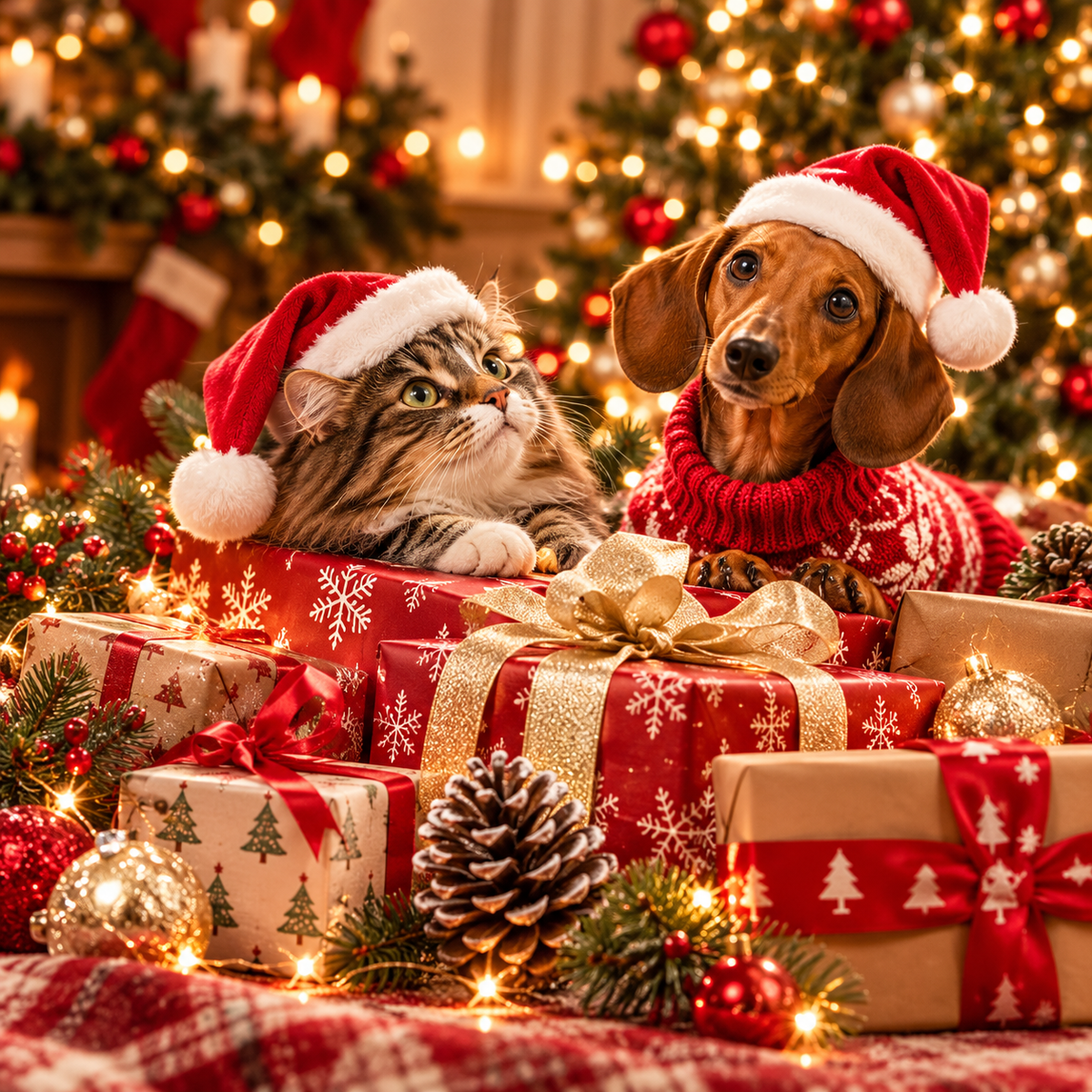 Festive tabby cat and dachshund with Christmas presents