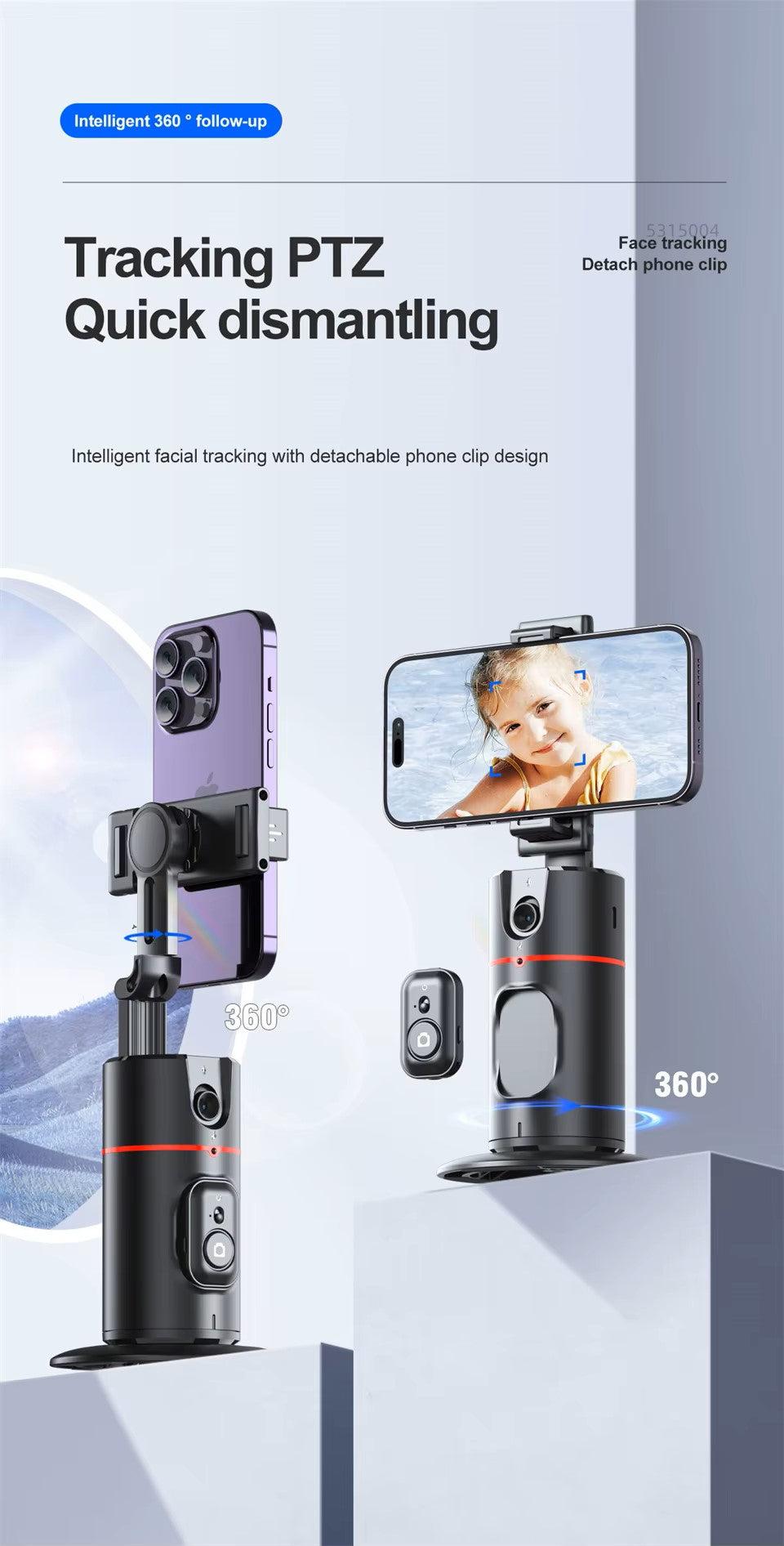 360° Intelligent AI Face Recognition Gimbal Detachable Phone Clip Gesture Control with Wireless Remote Compatible with Smartphones