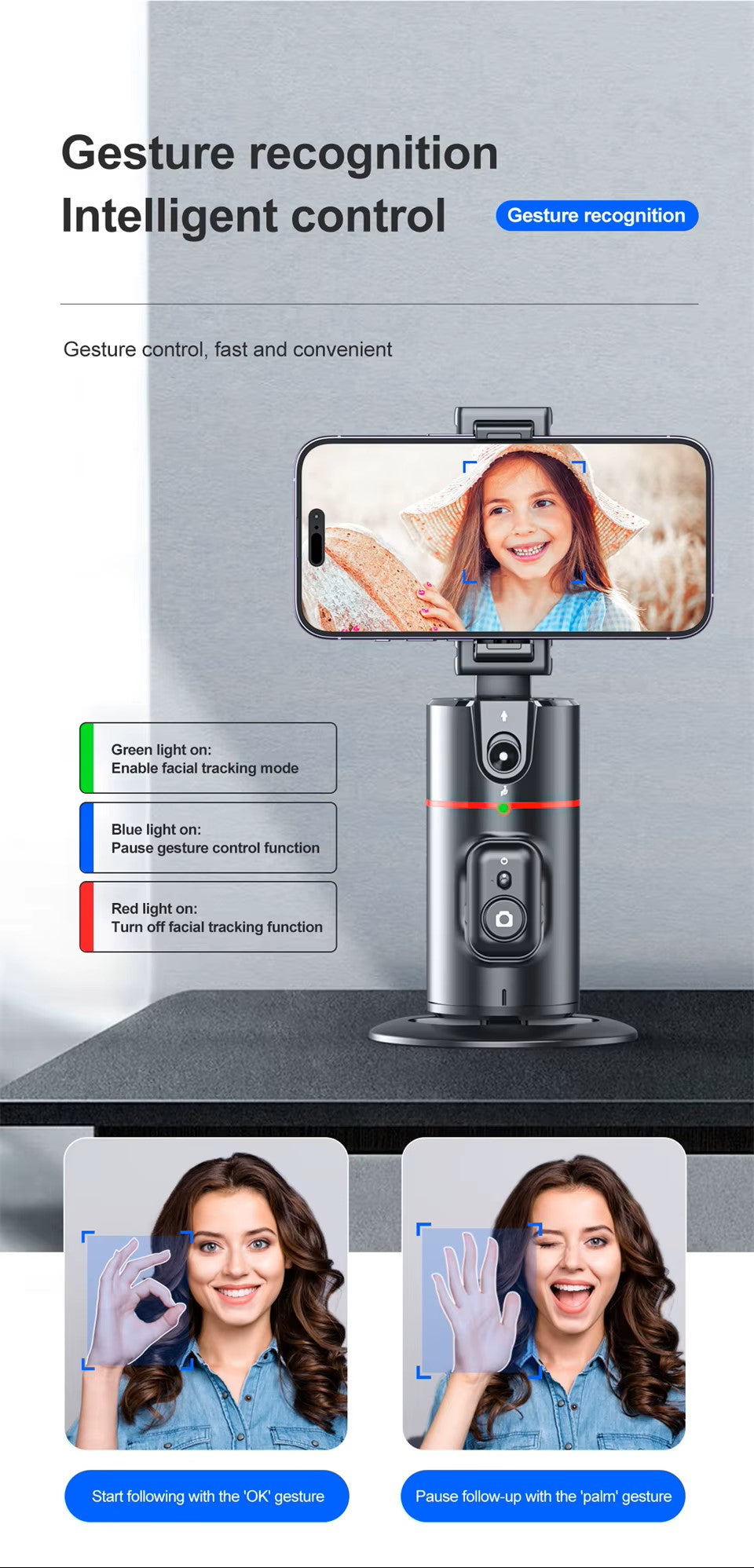 360° Intelligent AI Face Recognition Gimbal Detachable Phone Clip Gesture Control with Wireless Remote Compatible with Smartphones