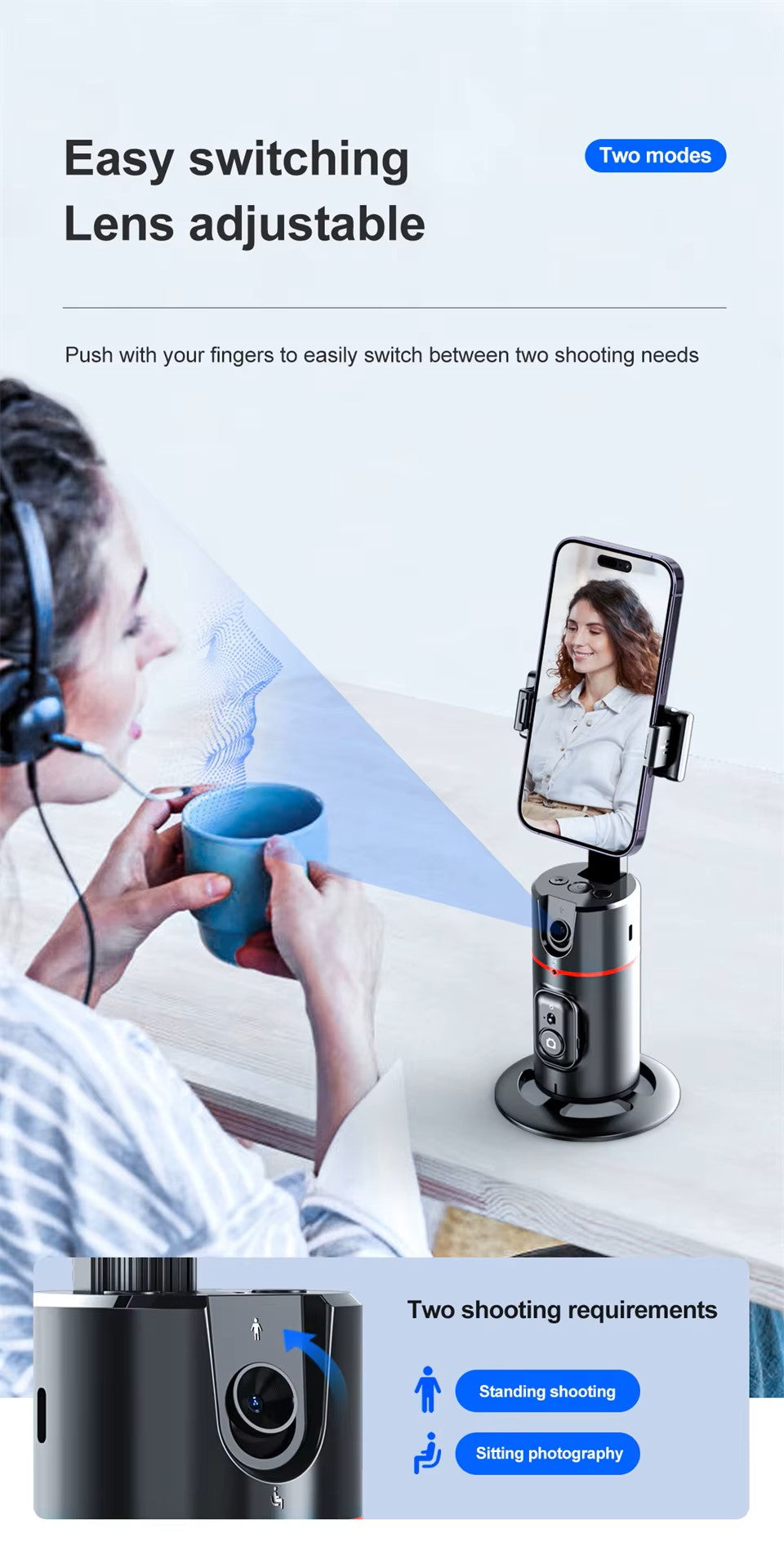 360° Intelligent AI Face Recognition Gimbal Detachable Phone Clip Gesture Control with Wireless Remote Compatible with Smartphones