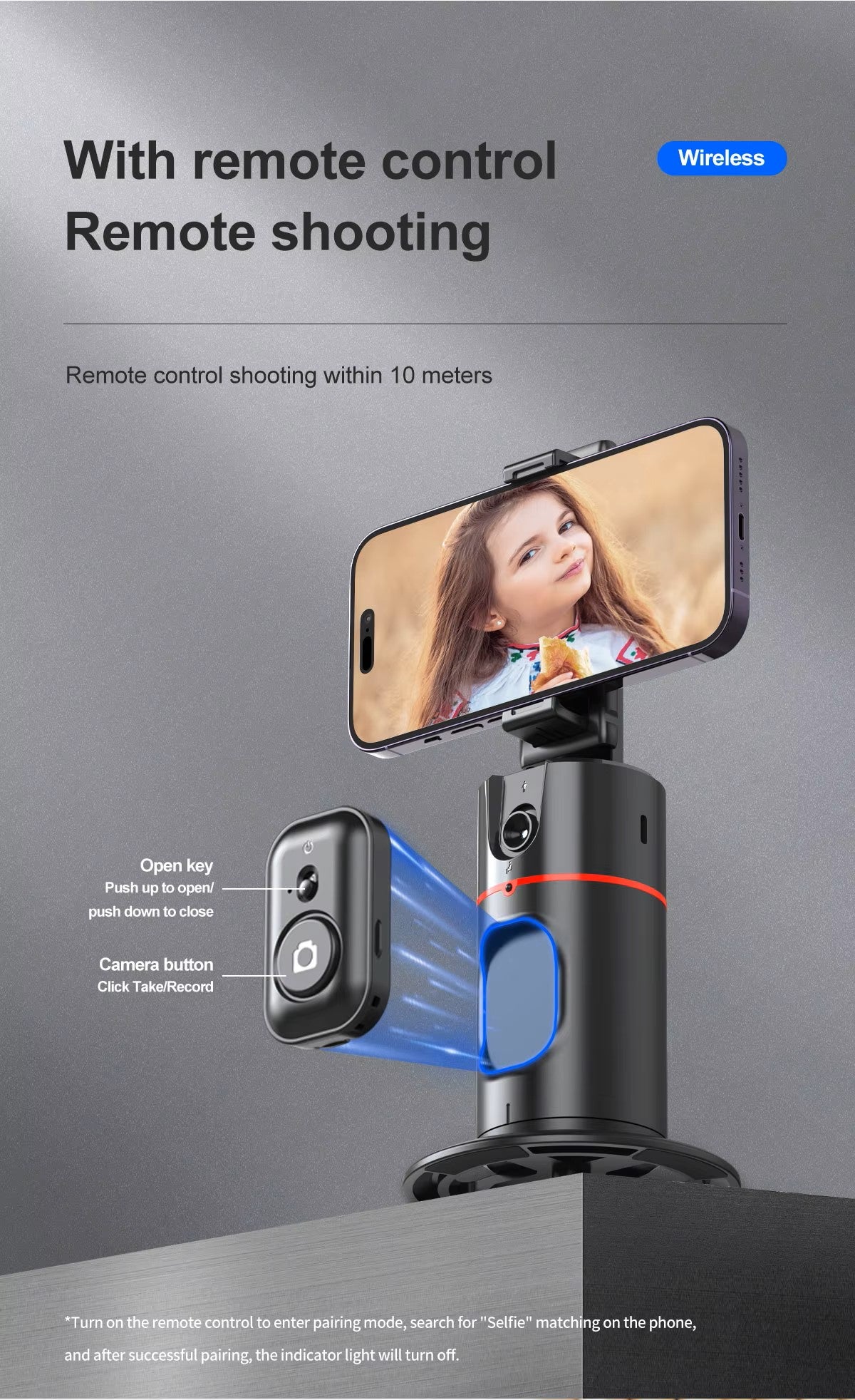 360° Intelligent AI Face Recognition Gimbal Detachable Phone Clip Gesture Control with Wireless Remote Compatible with Smartphones