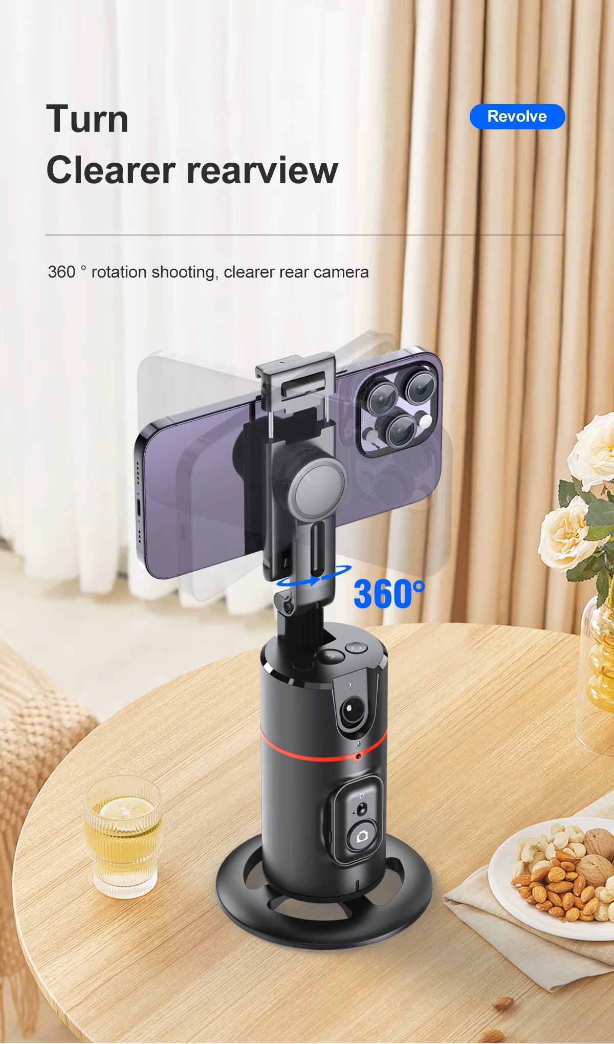 360° Intelligent AI Face Recognition Gimbal Detachable Phone Clip Gesture Control with Wireless Remote Compatible with Smartphones