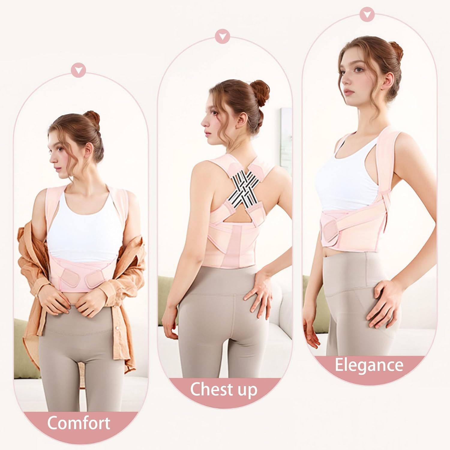 Posture Corrector for Women and Men, Posture Corrector Shoulders Back, Chest Posture Corrector, Upper Back Support with Adjustable Straps, Breathable and Light-Pink