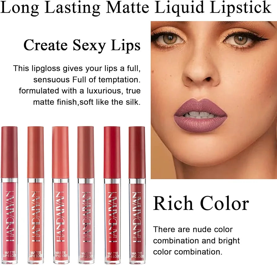 6 Pcs Lipstick Sets for Women,                                Matt Long Lasting Nude Liquid Lipsticks,               Waterproof.                                                                                Stay On Lip Sticks 24 Hours.