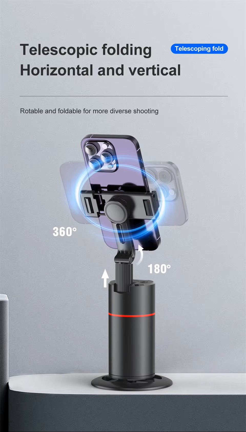 360° Intelligent AI Face Recognition Gimbal Detachable Phone Clip Gesture Control with Wireless Remote Compatible with Smartphones
