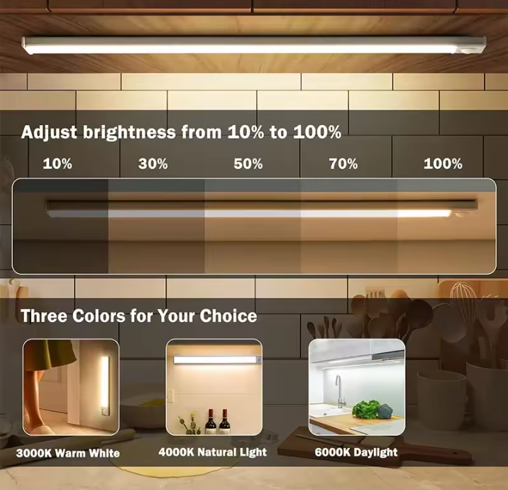 LED strip light with brightness and color temperature options on a kitchen background