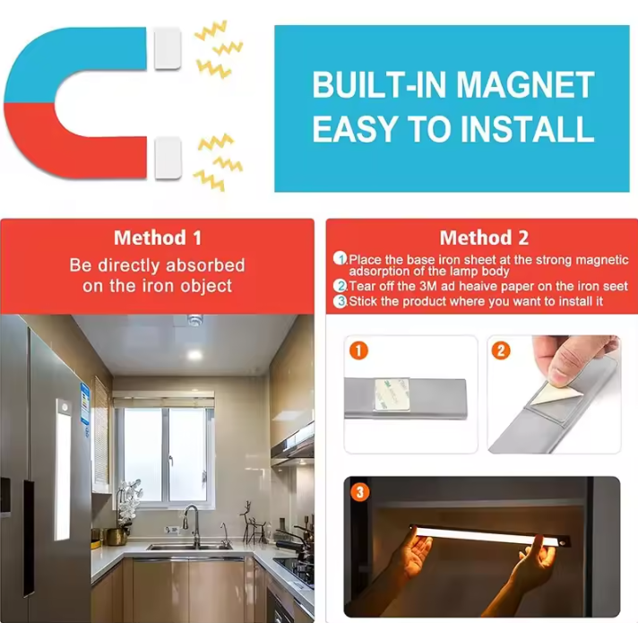 Advertisement for a built-in magnet with installation methods shown in a kitchen setting.