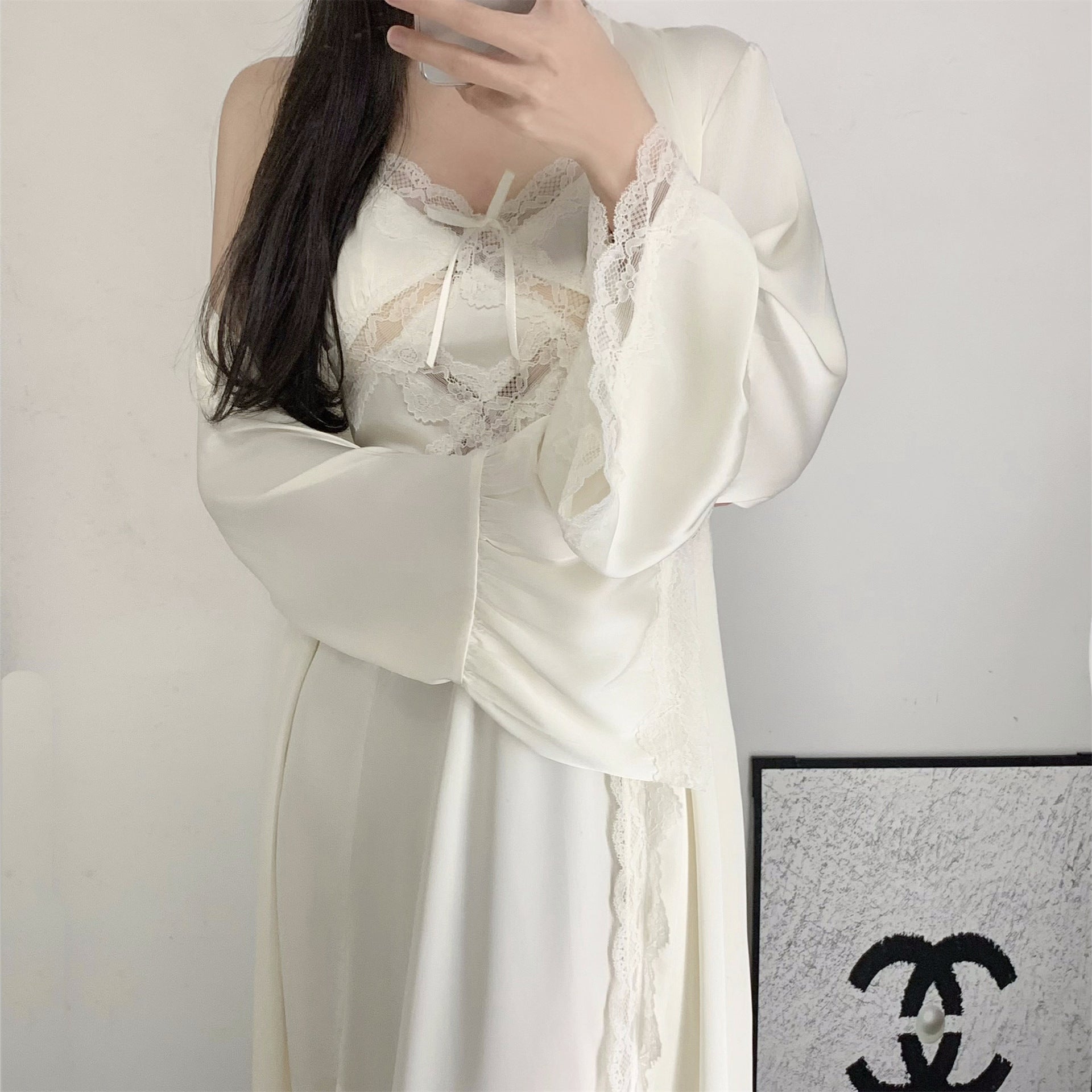 Downton Abbey Spring/Summer High-End Ice Silk Nightgown, French Lace Camisole Two-Piece Set