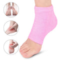 Pink foot care sock with close-up insets showing foot care benefits on a white background