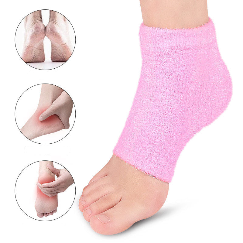 Pink foot care sock with close-up insets showing foot care benefits on a white background