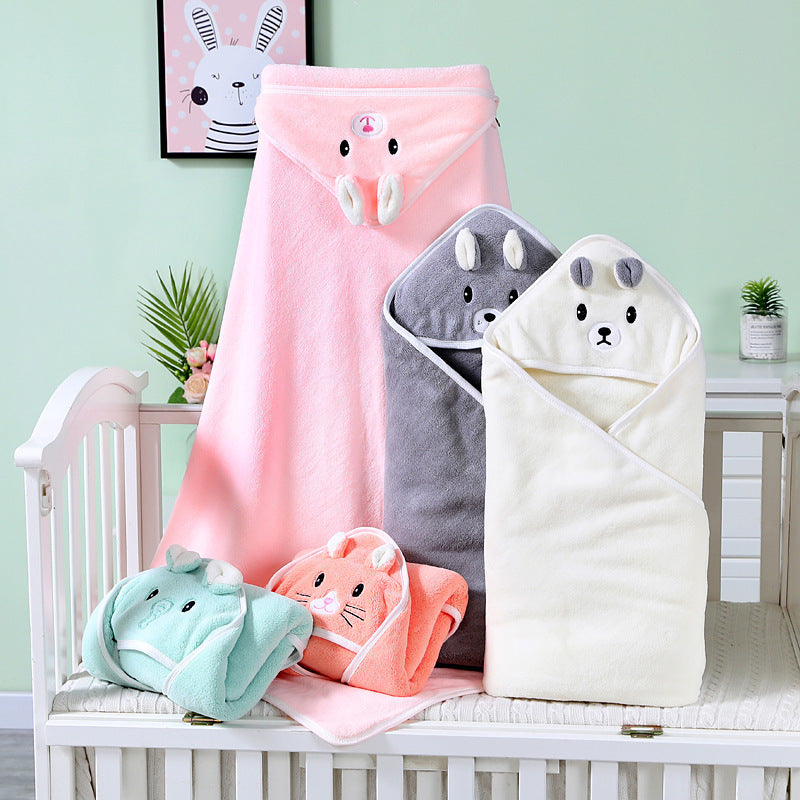 Baby bath towel newborn blanket swaddle blanket coral fleece wrap embroidered blanket animal closed eyes hooded cloak
