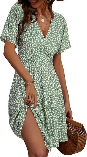 Cross-border women's floral short-sleeved wrap dress with V-neck A-line midi dress print