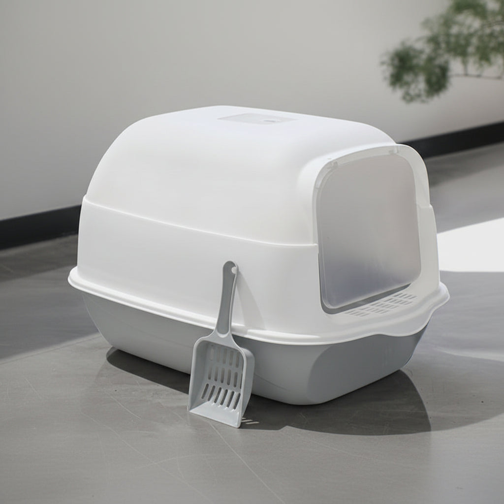 White cat litter box with a scoop on a gray surface.