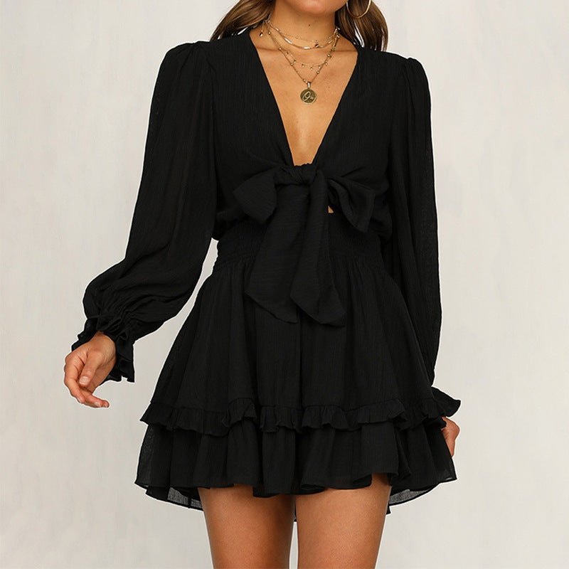 2026 New Spring/Autumn V-neck Long Sleeve Puff Sleeve Solid Color Tie-waist Ruffle Dress