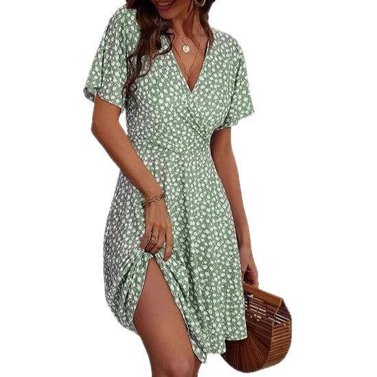 Cross-border women's floral short-sleeved wrap dress with V-neck A-line midi dress print
