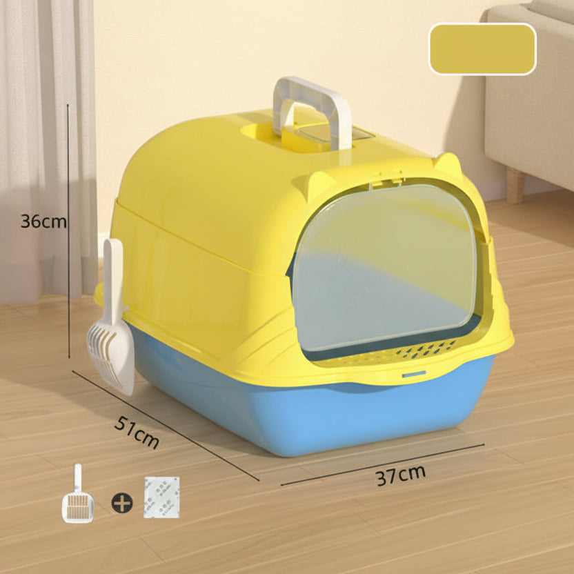 Yellow and blue pet litter box with dimensions on a wooden floor