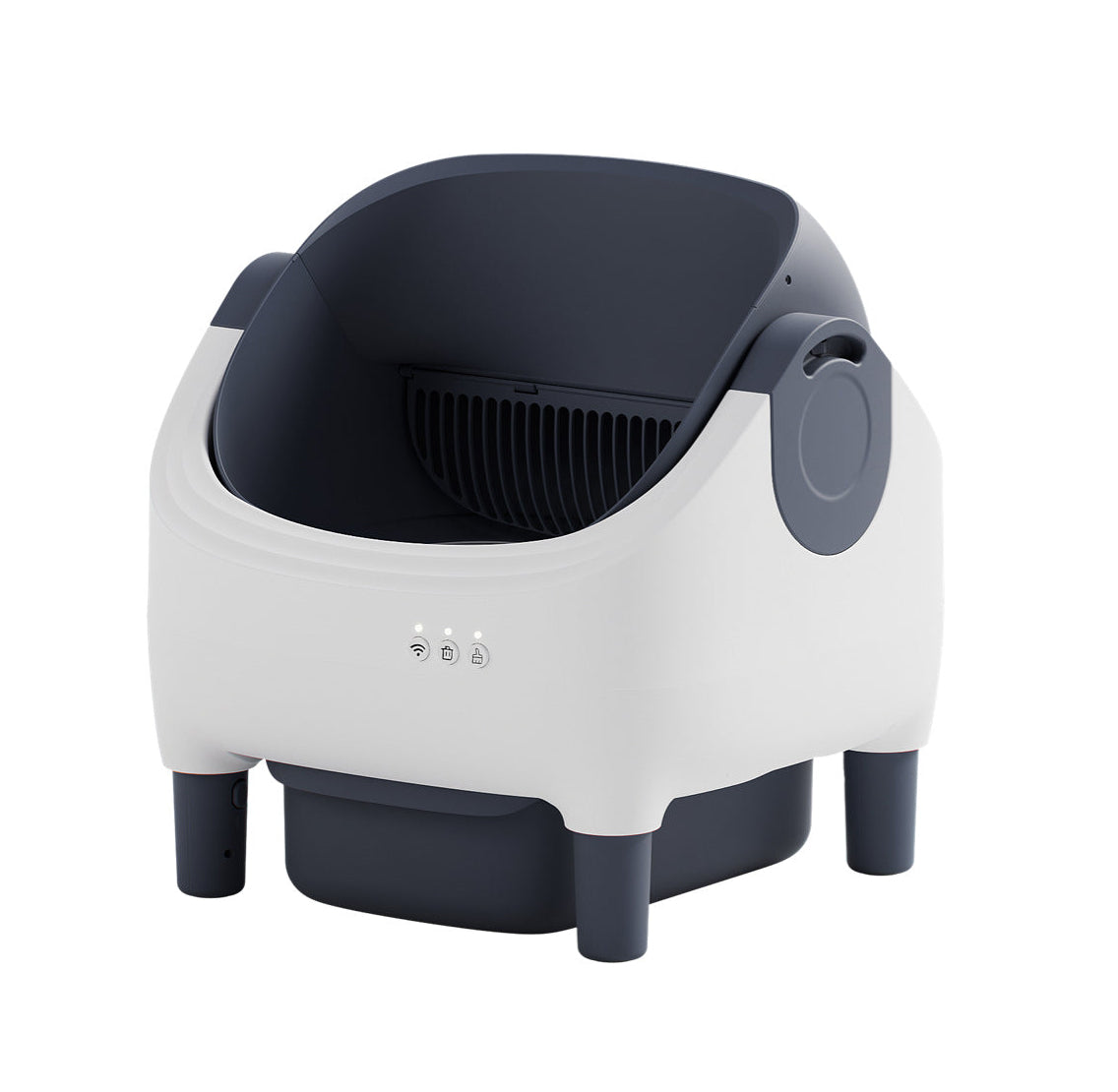 Pet litter box with a white base and dark gray top on a white background