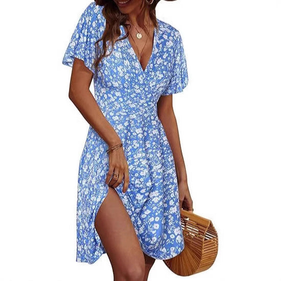 Cross-border women's floral short-sleeved wrap dress with V-neck A-line midi dress print