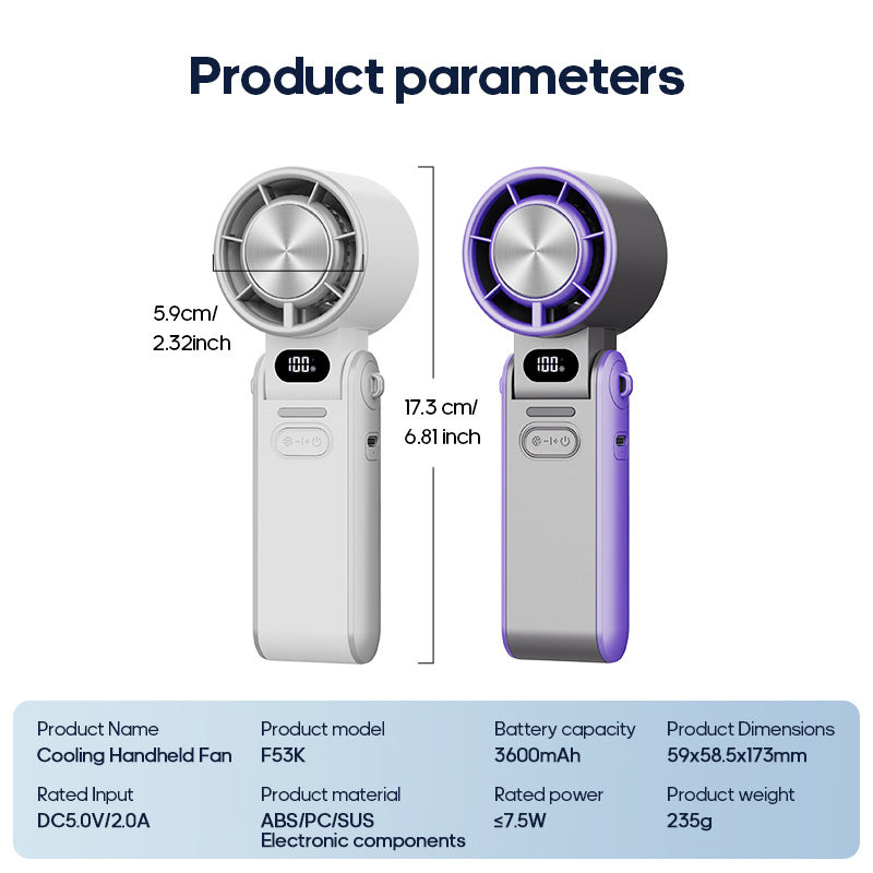 Digital display handheld foldable fan, High-speed cooling small fan
