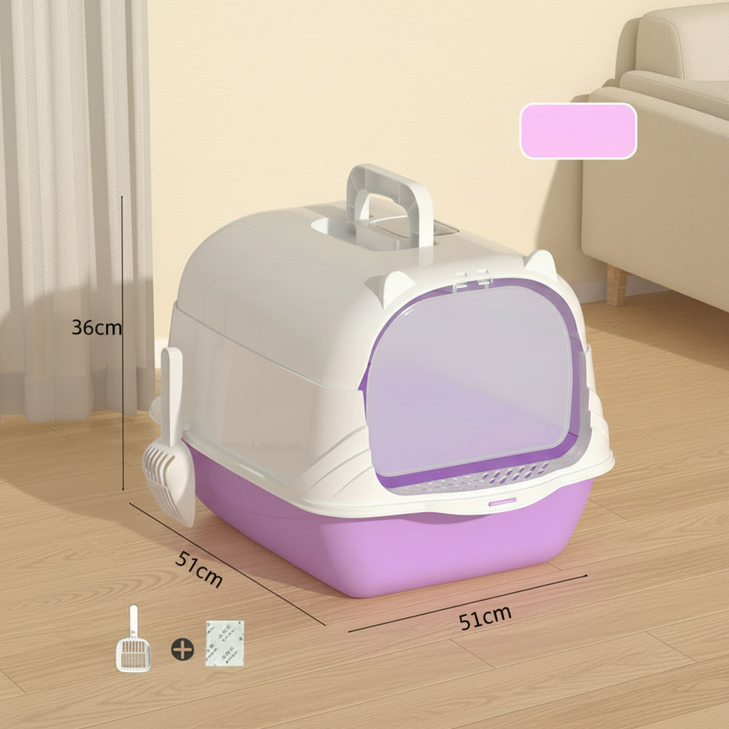 Purple and white pet carrier with dimensions on a wooden floor.