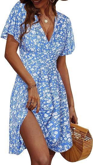 Cross-border women's floral short-sleeved wrap dress with V-neck A-line midi dress print