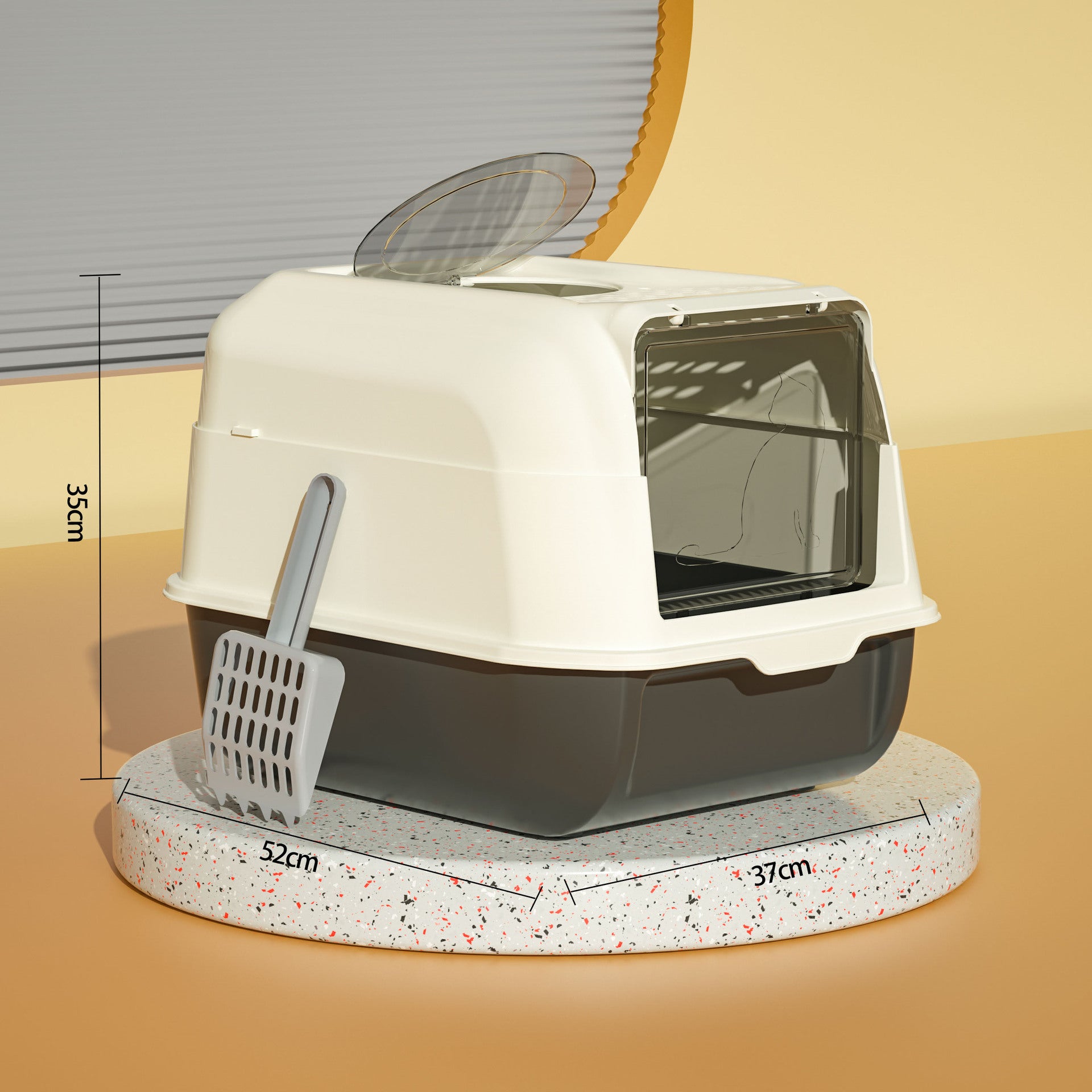 Cat litter box with dimensions on a speckled base