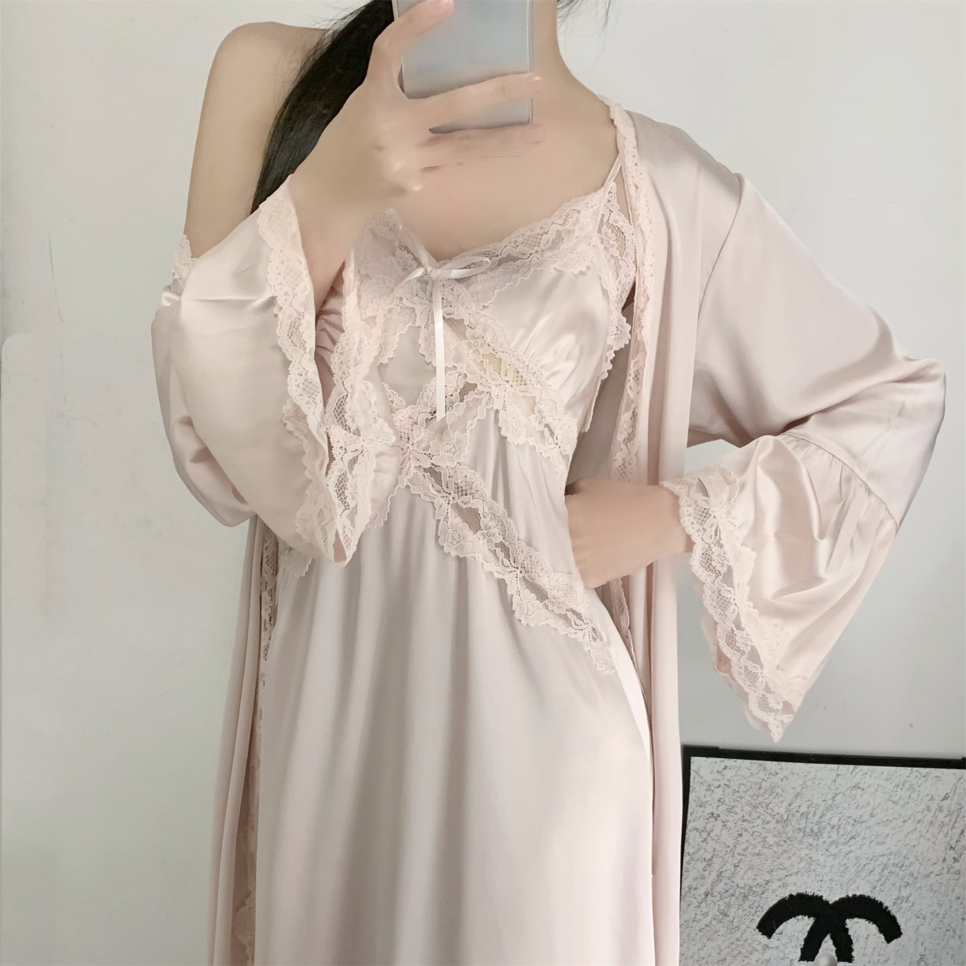 Downton Abbey Spring/Summer High-End Ice Silk Nightgown, French Lace Camisole Two-Piece Set