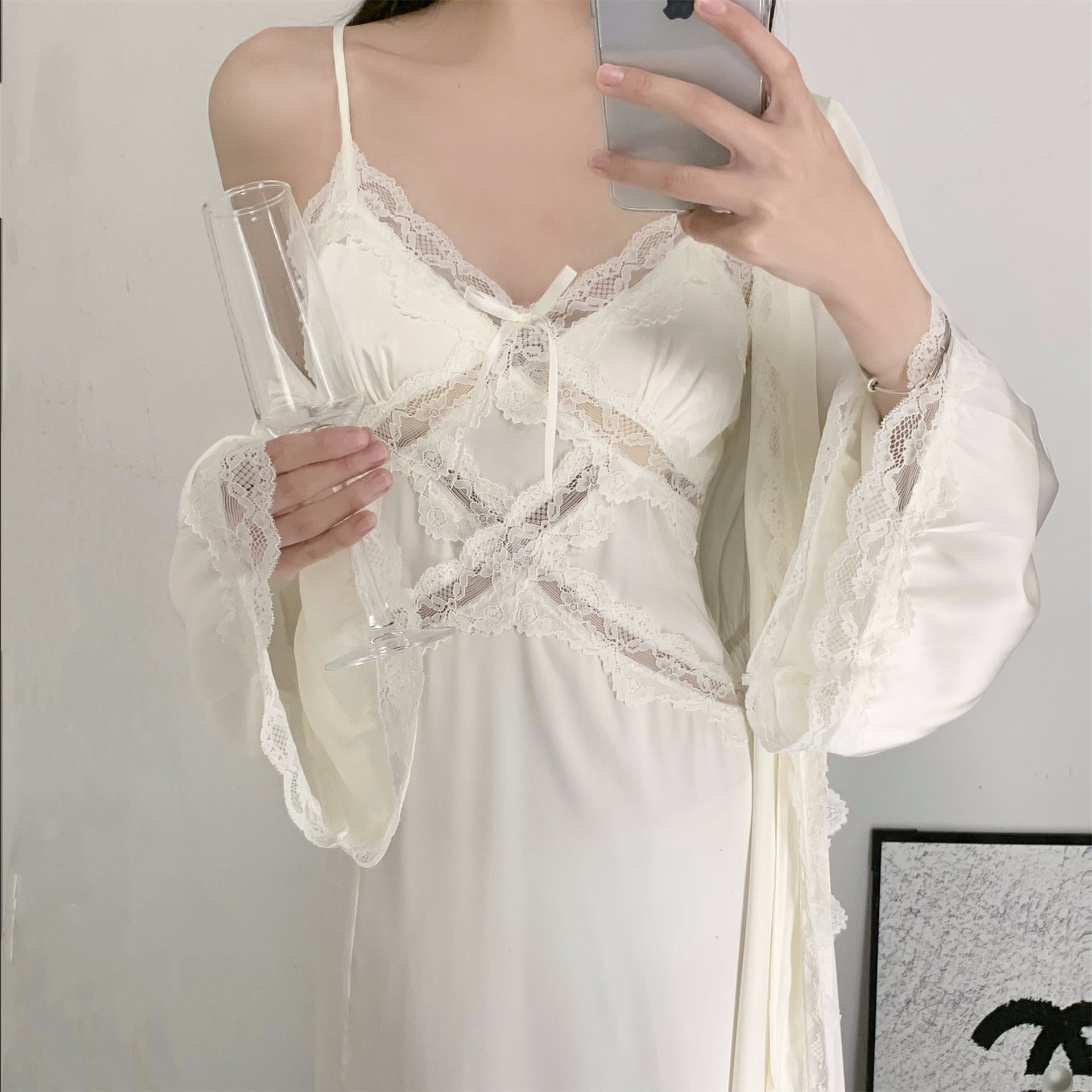 Downton Abbey Spring/Summer High-End Ice Silk Nightgown, French Lace Camisole Two-Piece Set
