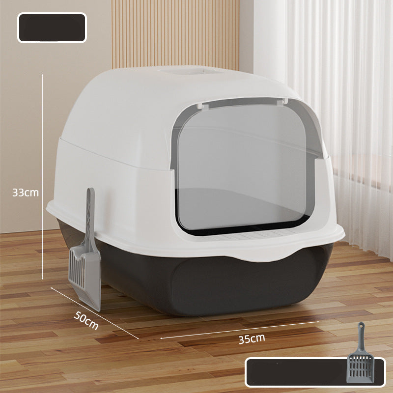 Pet litter box with dimensions on a wooden floor