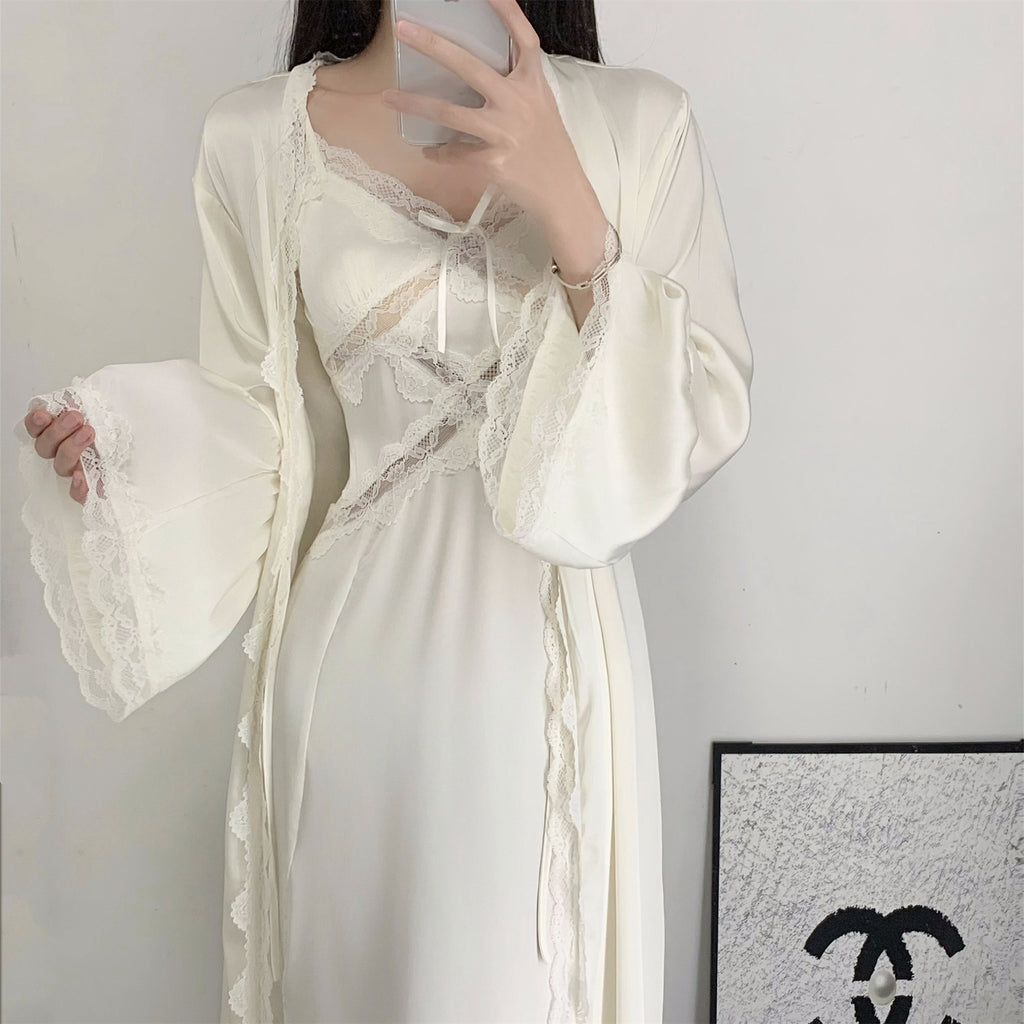 Downton Abbey Spring/Summer High-End Ice Silk Nightgown, French Lace Camisole Two-Piece Set