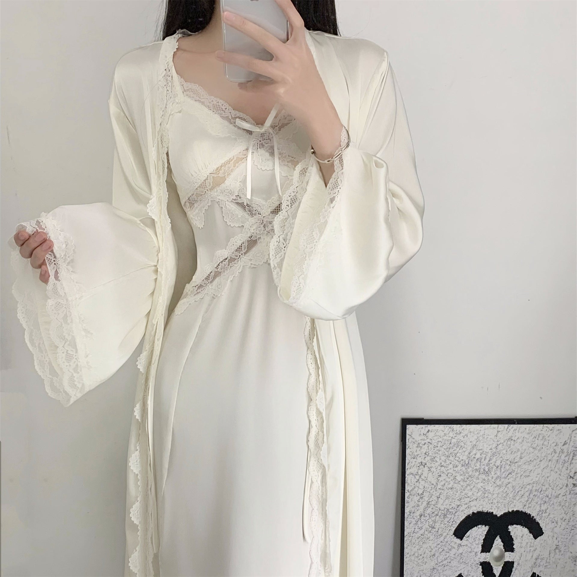 Downton Abbey Spring/Summer High-End Ice Silk Nightgown, French Lace Camisole Two-Piece Set