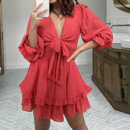 2026 New Spring/Autumn V-neck Long Sleeve Puff Sleeve Solid Color Tie-waist Ruffle Dress