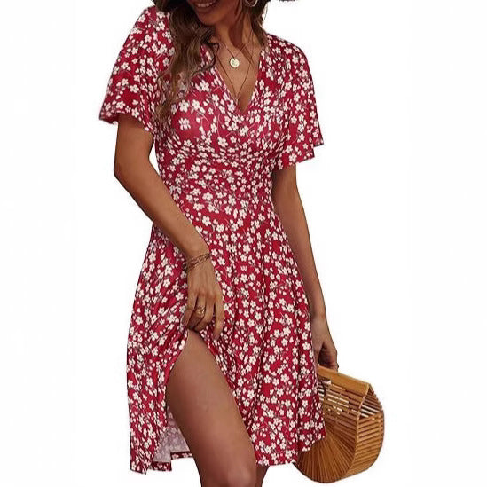 Cross-border women's floral short-sleeved wrap dress with V-neck A-line midi dress print