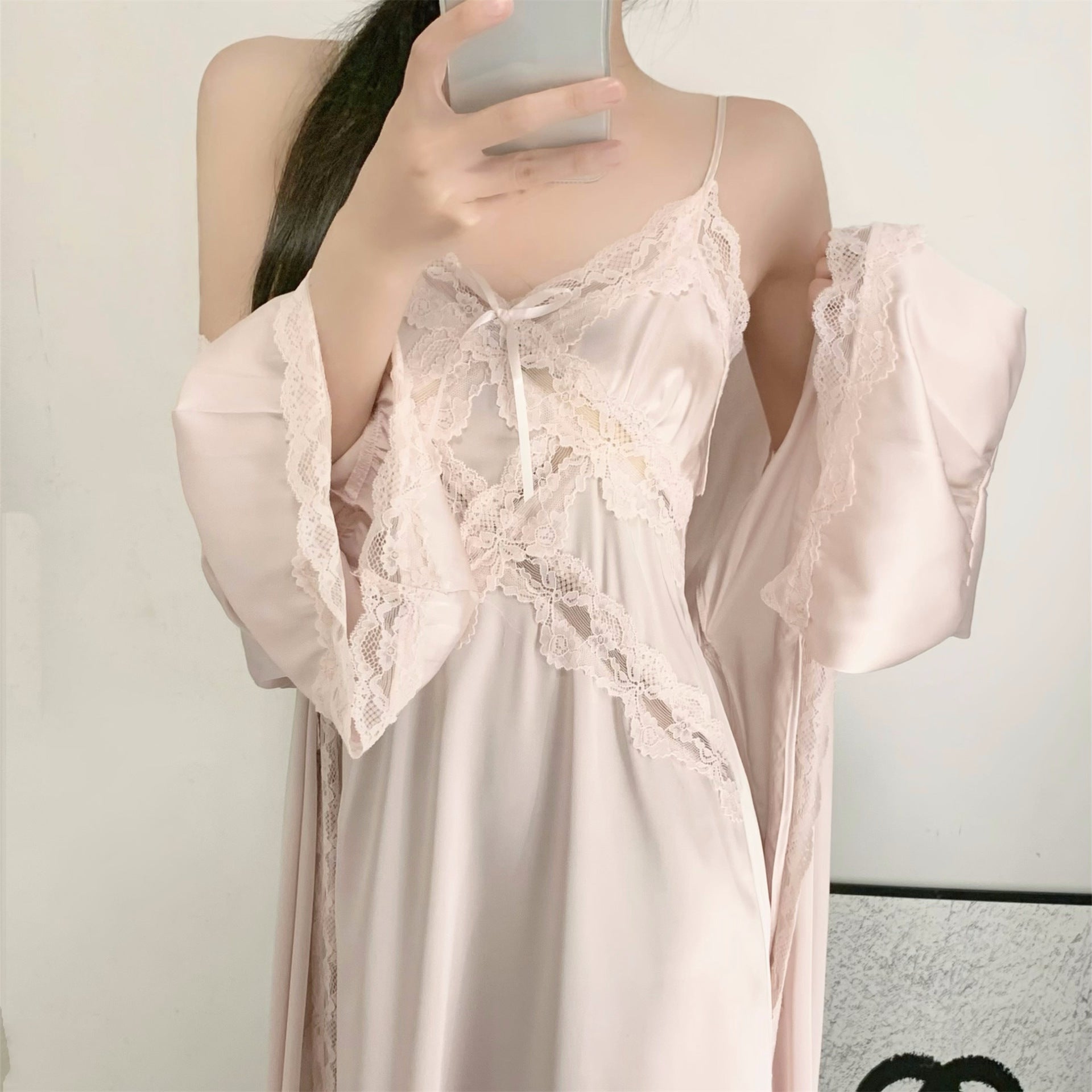Downton Abbey Spring/Summer High-End Ice Silk Nightgown, French Lace Camisole Two-Piece Set
