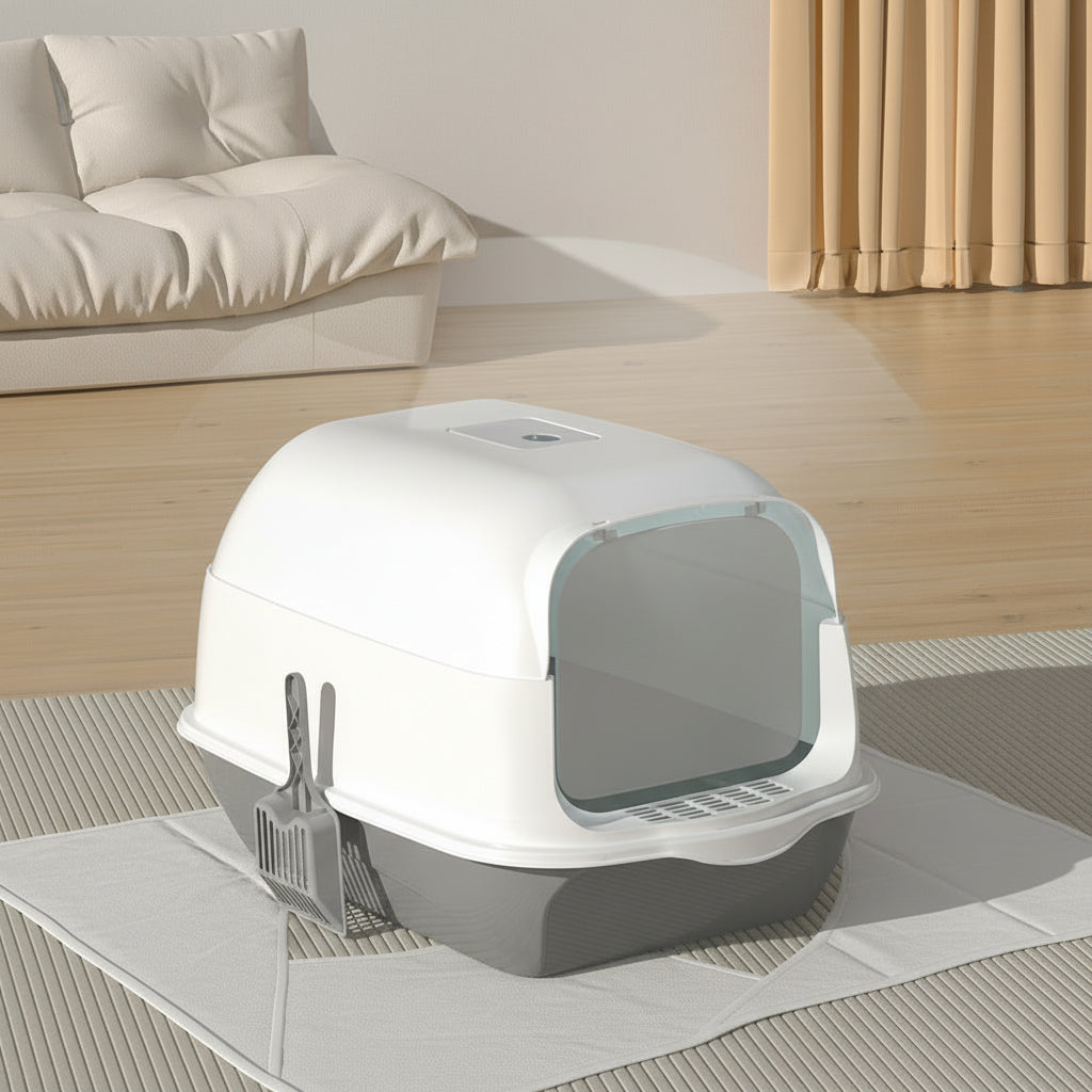 Pet litter box with transparent lid on a wooden floor
