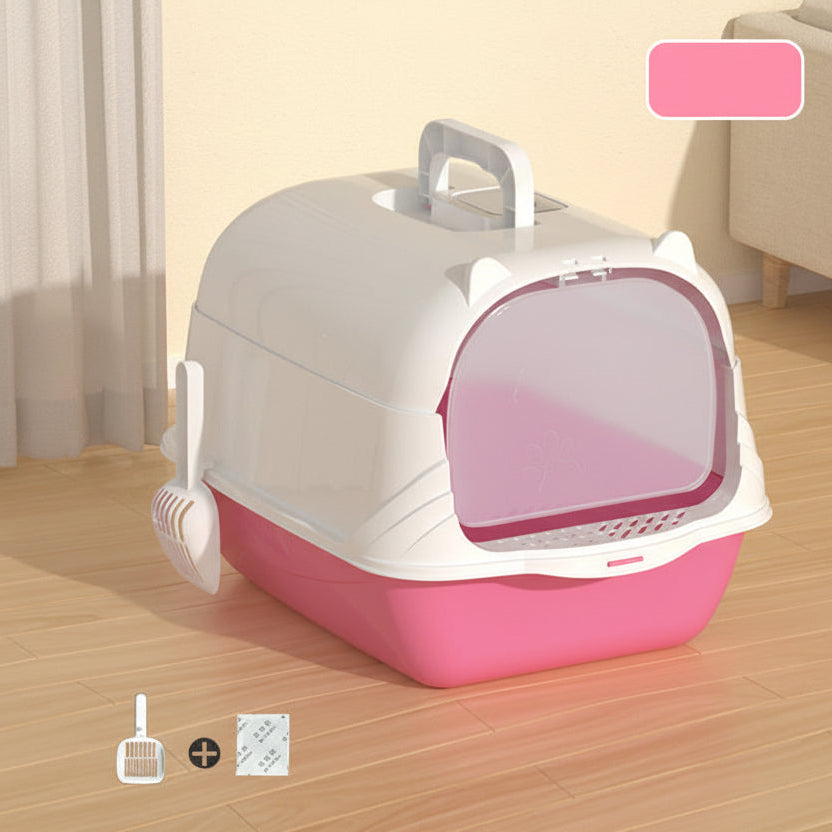 Pet litter box with pink interior on a wooden floor, showing dimensions.