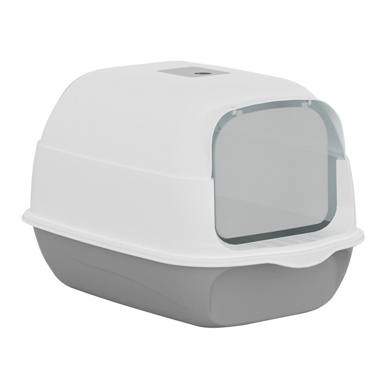 Gray and white pet litter box with transparent window on a white background
