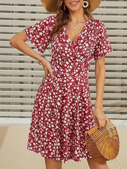 Cross-border women's floral short-sleeved wrap dress with V-neck A-line midi dress print