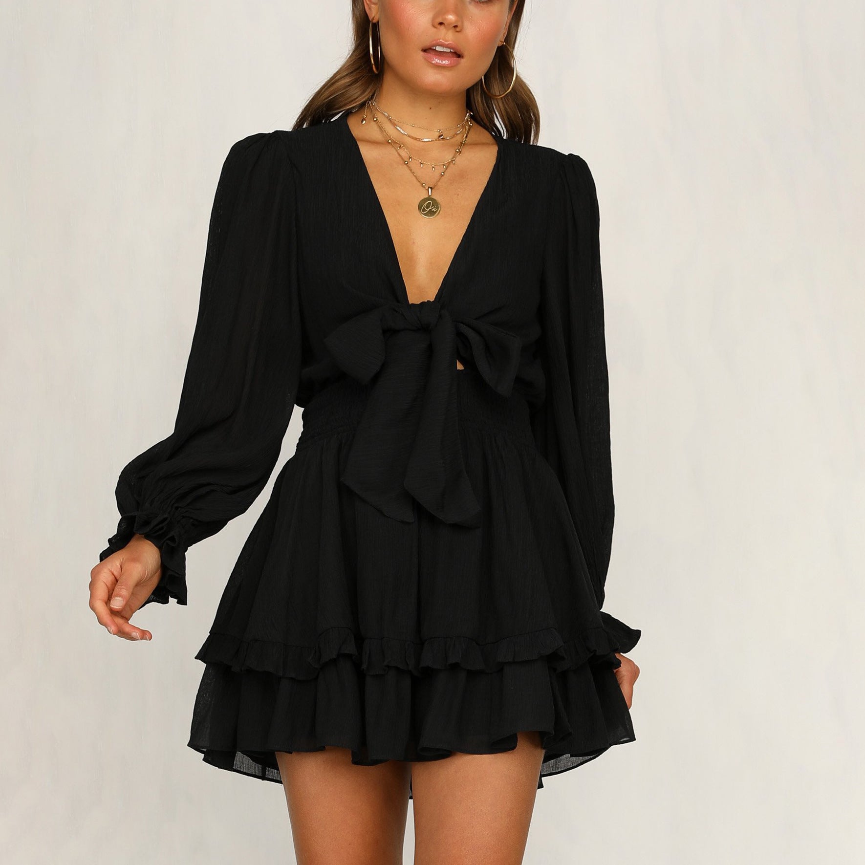 2026 New Spring/Autumn V-neck Long Sleeve Puff Sleeve Solid Color Tie-waist Ruffle Dress