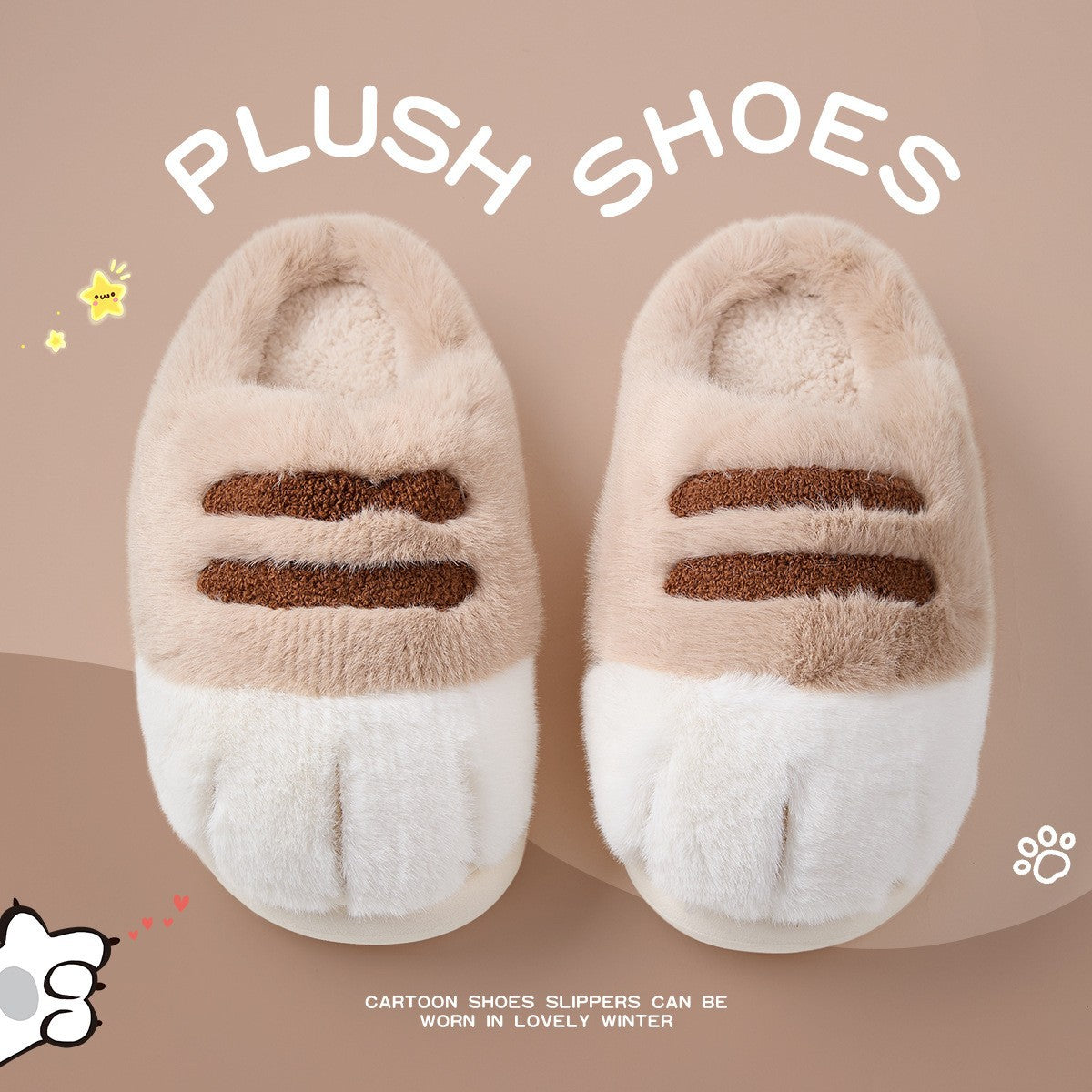 Pair of plush shoes with cat design on a brown background