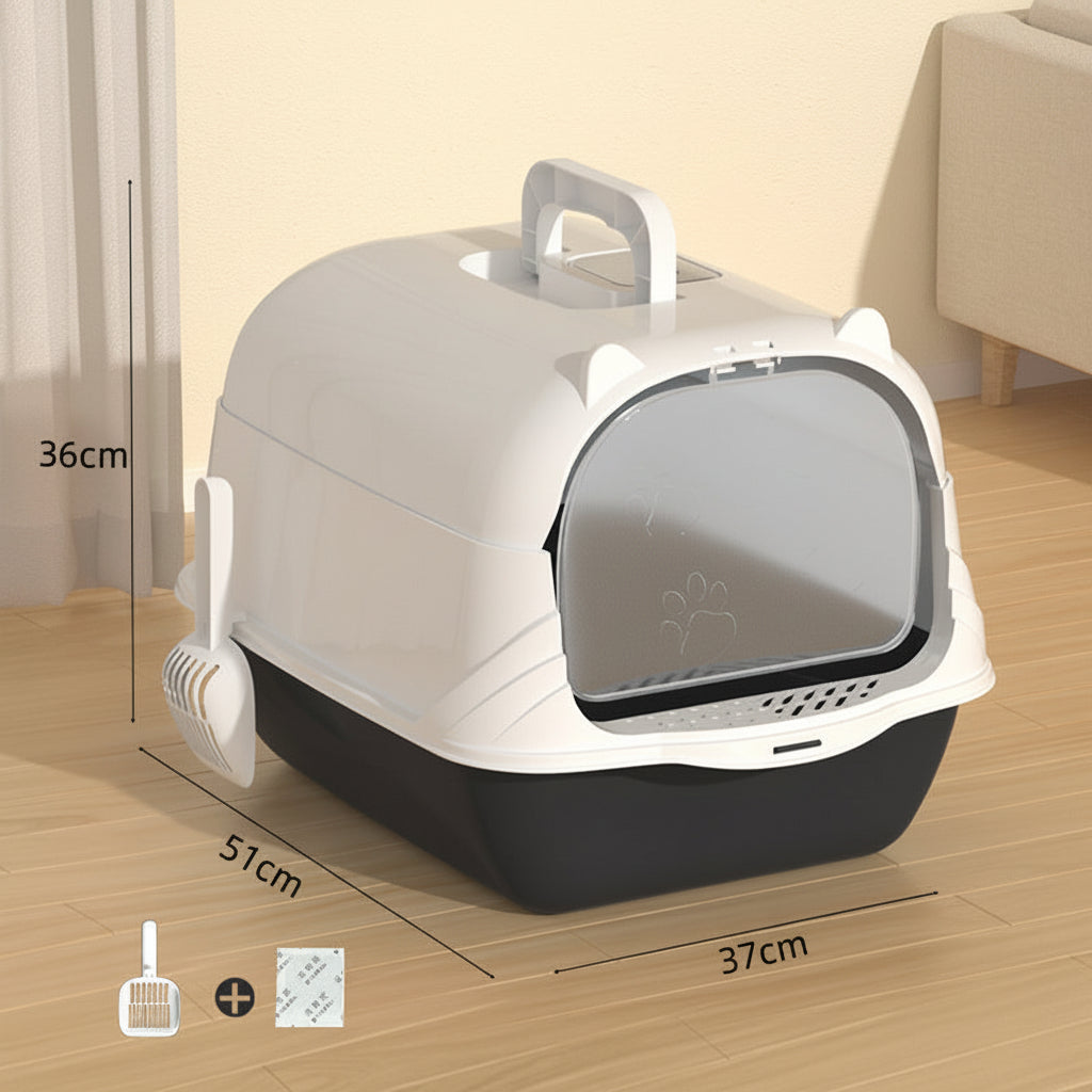 Pet carrier with dimensions on a wooden floor