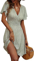 Women's floral short-sleeved wrap dress with V-neck A-line midi dress print