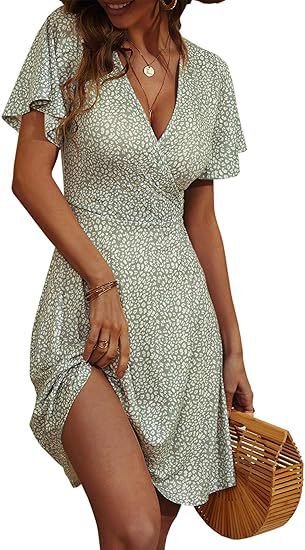 Cross-border women's floral short-sleeved wrap dress with V-neck A-line midi dress print