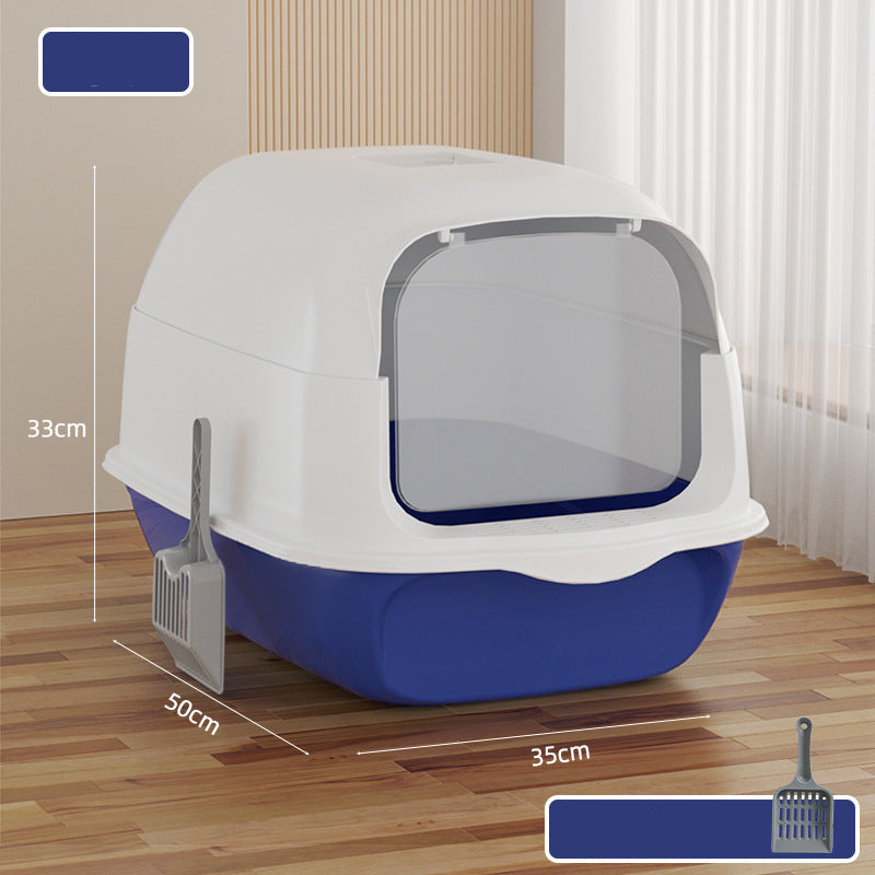 Pet litter box with dimensions on a wooden floor