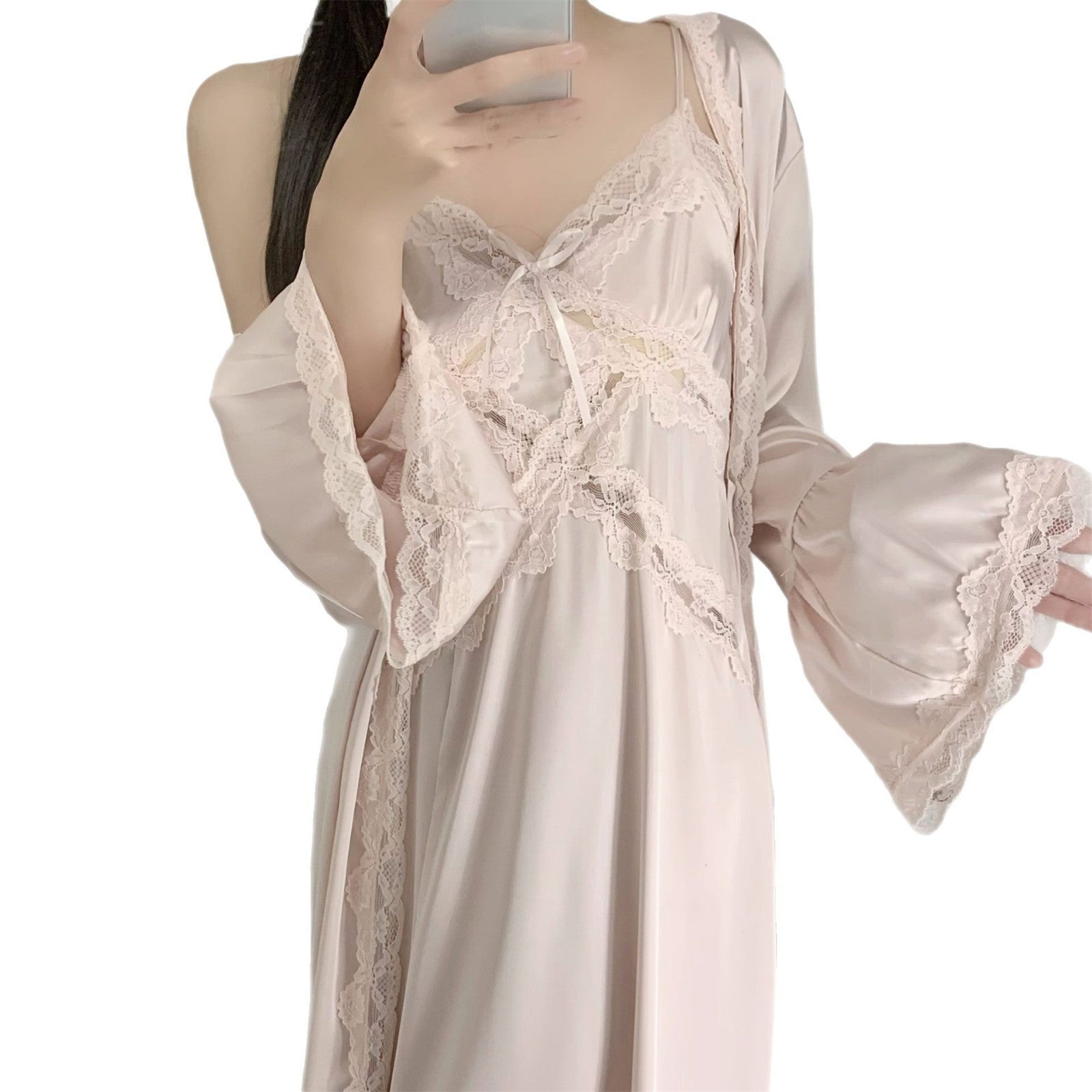 Downton Abbey Spring/Summer High-End Ice Silk Nightgown, French Lace Camisole Two-Piece Set
