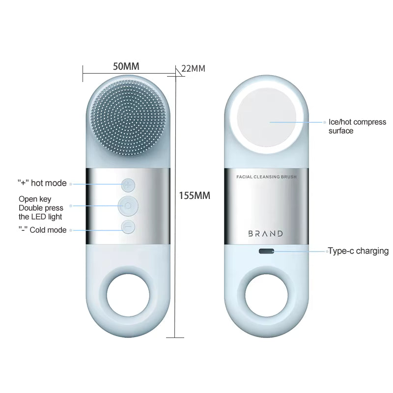 Facial cleansing brush with labeled features and dimensions on a white background