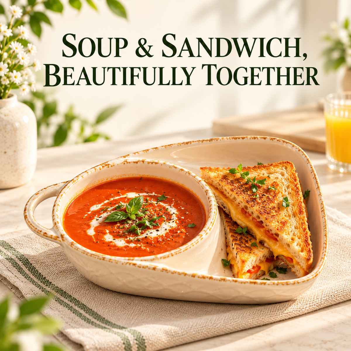 Ceramic Soup and Sandwich Bowl with Handle | Divided Serving Dish