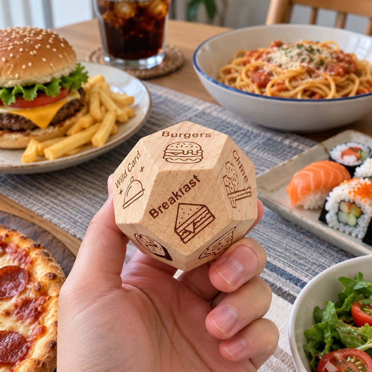 Wooden Decision Dice – What to Eat & Watch
