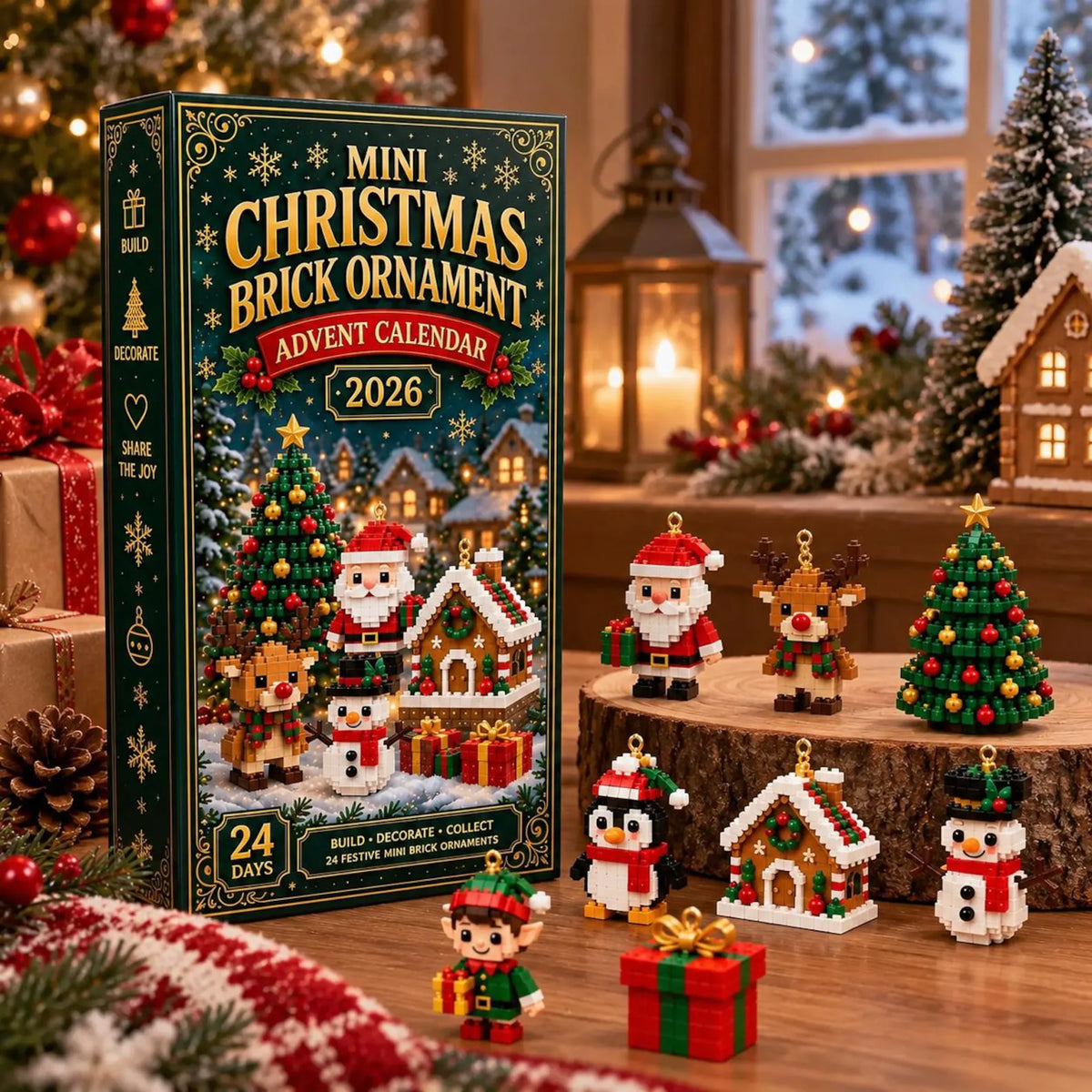 Christmas advent calendar with miniature seasonal characters displayed on wooden stands