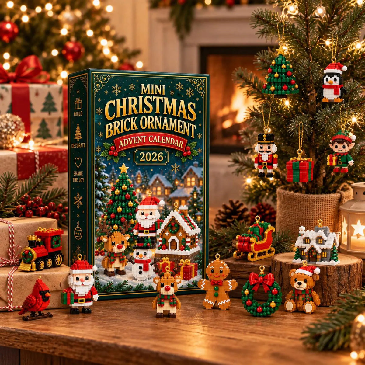 Christmas ornament advent calendar gift set in a festive tabletop display